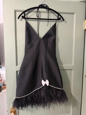 Black Mini Dress with Feather Hem and Bow. Worn ONE time!